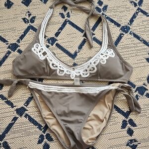 Victoria's Secret Tan and White Lace Trim Bikini